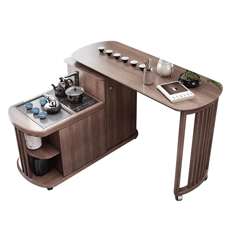 

Modern simple solid wood tea cart rotatable folding mobile tea making table Wujinshi home balcony kung fu tea