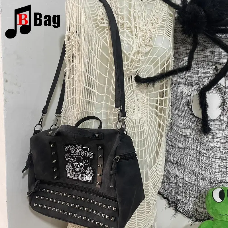 Y2k Girl Vintage Harajuku Punk Gothic Skeleton Rivet Womens Versatile Fashion Backpack Casual Large capacity Two Shoulders bag