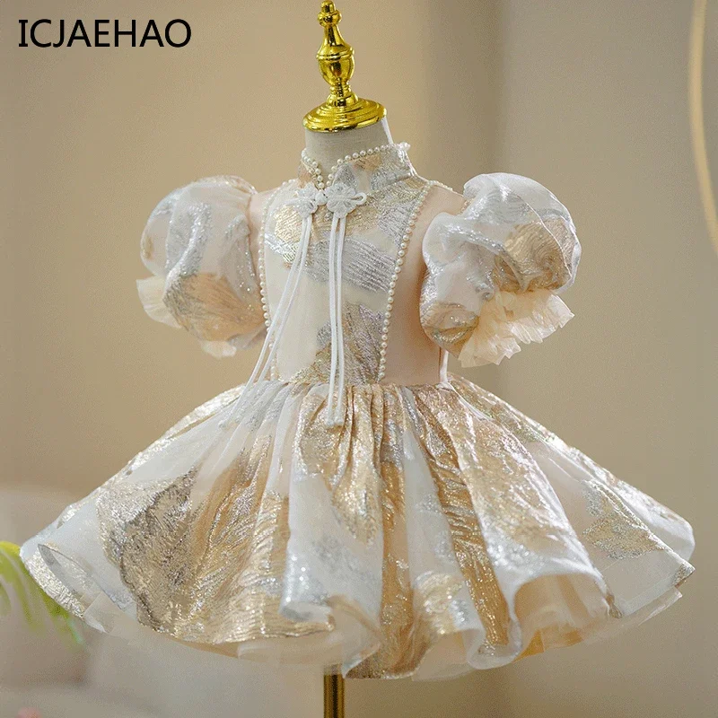 

2024 Kids Pageant Dresses for Toddler Girl Princess Wedding Birthday Party Luxury Evening Gown Child Embroidery Champagne Dress