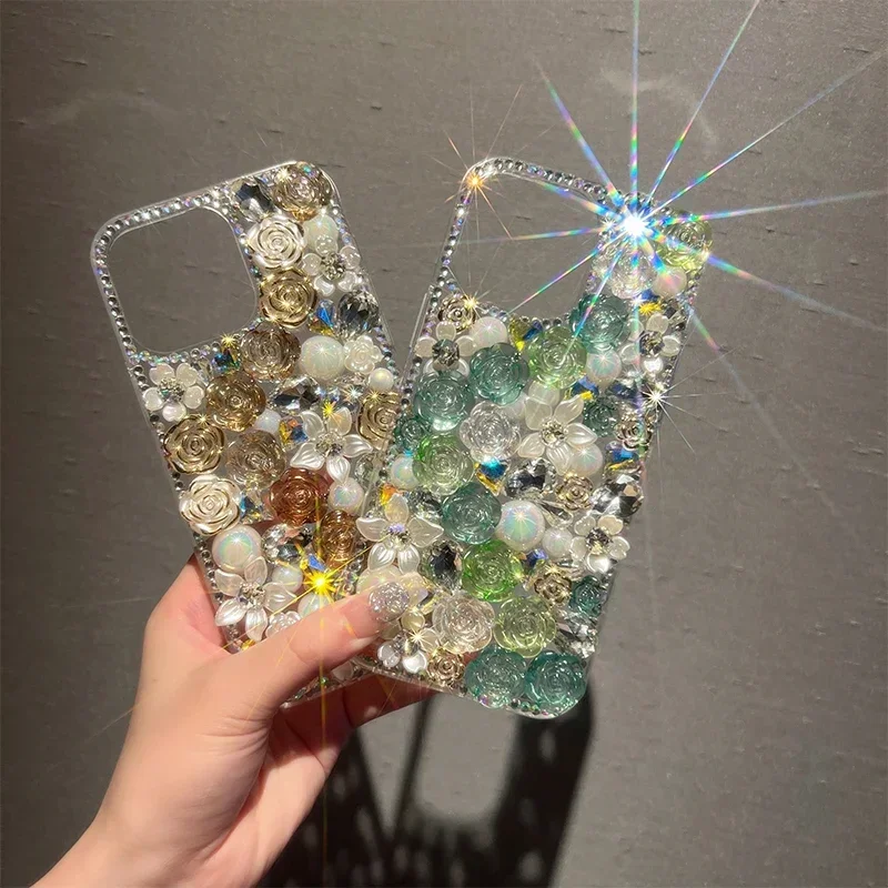 

Diamond Rose Flower Case, Bling Case for iPhone 15, 16, 12, 13, 14 Pro Max Luxury Crystal Rhinestone Glitter, DIY Back Cover