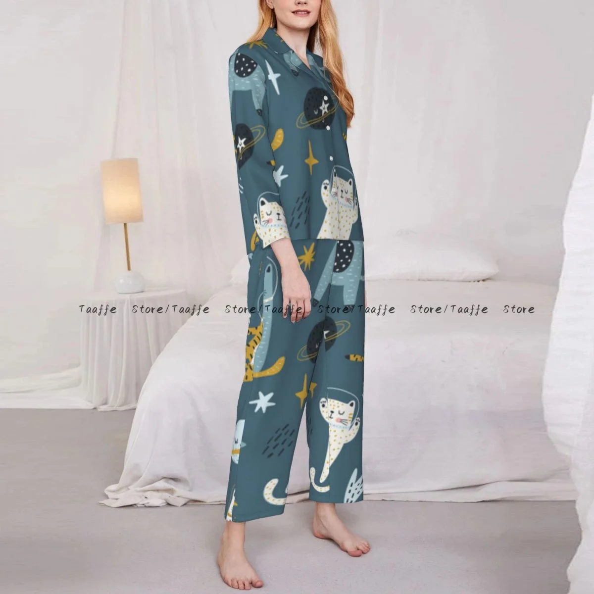 Spring and Autumn Pajama Set Women's Long Sleeve Pants Two Piece Cat Astronauts In Space Home Furnishing Set