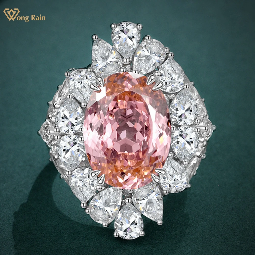 Wong Rain 925 Perak Sterling Oval 13 CT Dibuat Padparadscha Citrine Cincin Safir Putih Perhiasan Pertunangan Pernikahan untuk Wanita