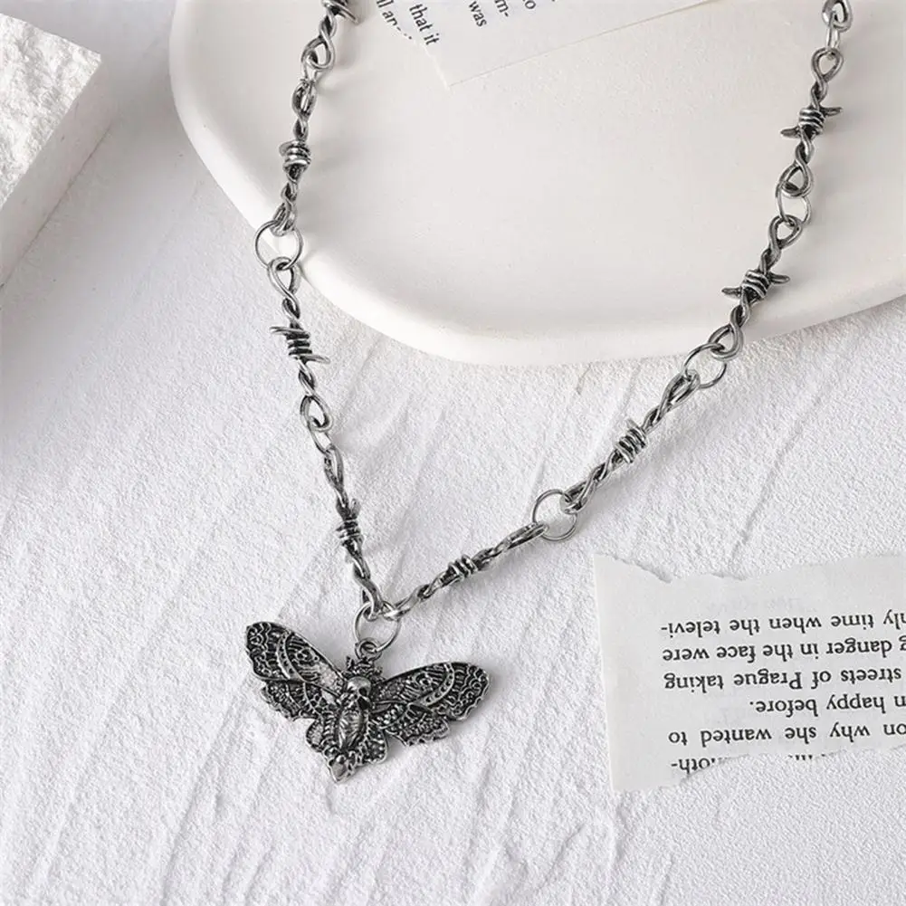 Punk Hop Necklace Skeleton Moth Pendant Necklace Moth Skeleton Pendant Necklace for Women Adjustable Length Stainless Steel