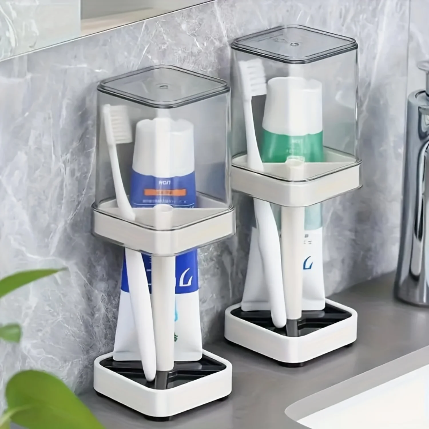 Dustproof Toothbrush Holder Set with Rinse Cups, Bathroom Organizer