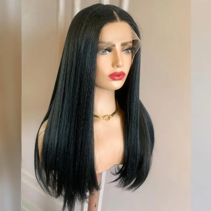 

Afro Black Women Easy Wear 100% Human Hair Light Yaki Straight Jet Black #1 13x6 Lace Front Wigs with Baby Hair Natural Hairline