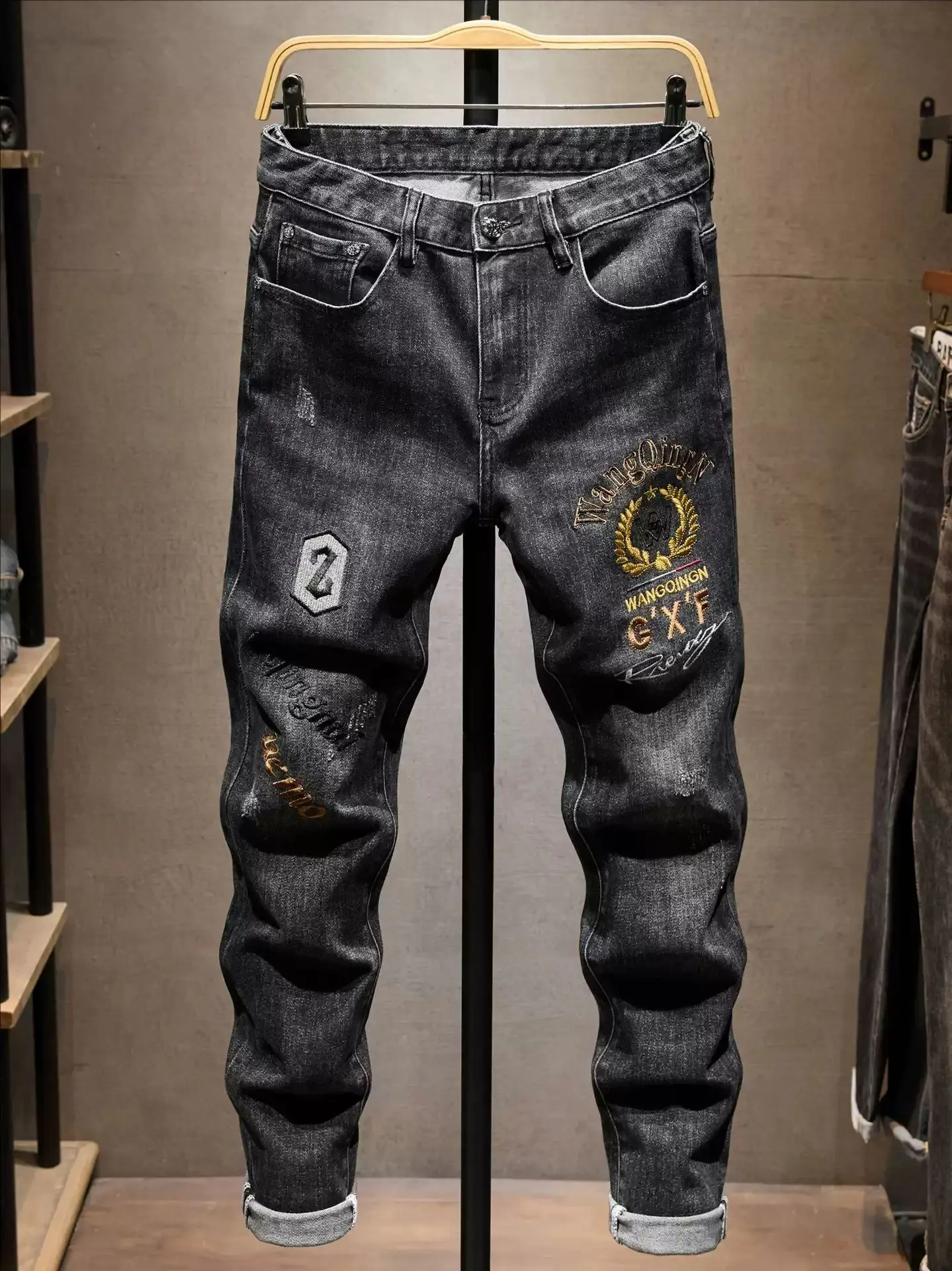 

Trendy Korean Style Thickened Embroidered Slim Fit Jeans Men's Deep Grey Heavy Craftwork Small Footed Pants American Autumn W...