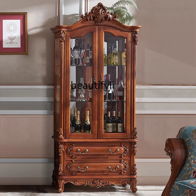 

American all-solid wood double-door wine cabinet household living room side cabinet with glass door storage wine cabinet0420