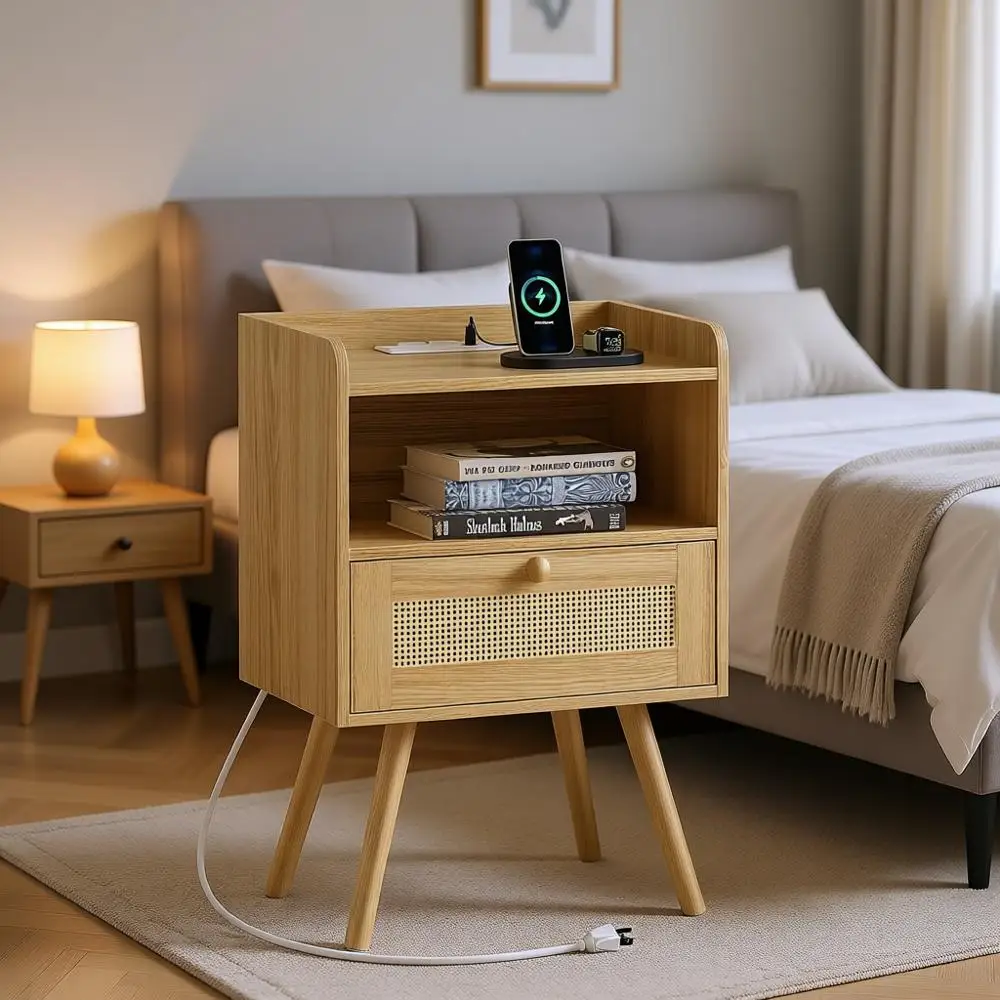 

Прикроватная тумбочка с зарядной станцией, декоративный столик из ротанга, прикроватная тумба с открытым хранением, для спальни, гостиной, общежития, натуральный