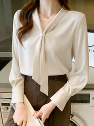 Spring Fashion New Elegant Bow Women Shirt Vintage White Lady Long Sleeves Blouses Female Casual Streetwear Tops Clothes