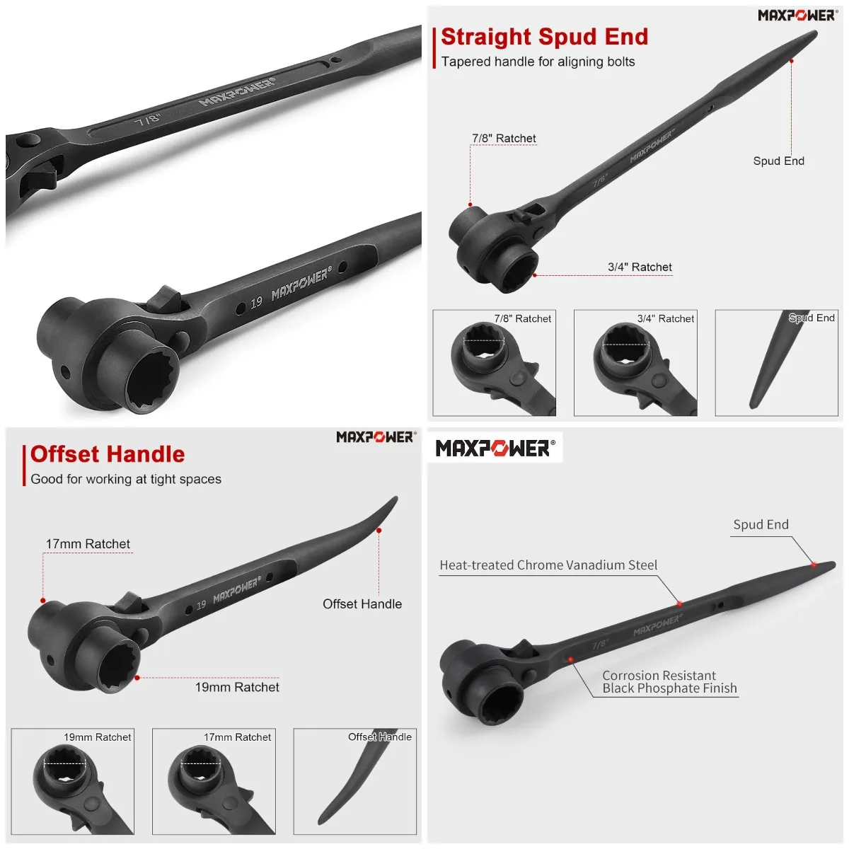 

2PCS Scaffold Wrench Set, 7/8' x 3/4' & 17mm x 19mm Dual Socket Spud Ratchet Tool