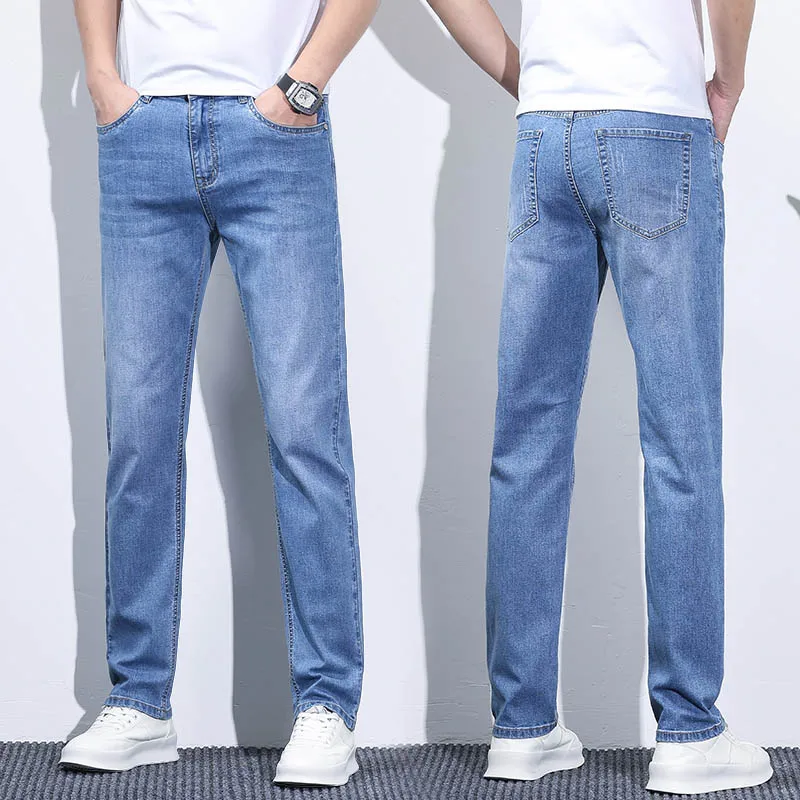 Business Men Straight Leg Classic Jeans Casual Denim Long Pants Slim Fit Simple Man Trousers Fashion Men\'s Stretch Jeans