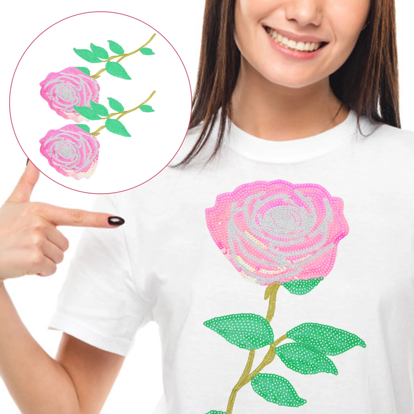 

2 Pcs Embroidered Rose Patch Brooches Jeans Applique Sewing Patches Pink Iron Clothing Decorative Miss