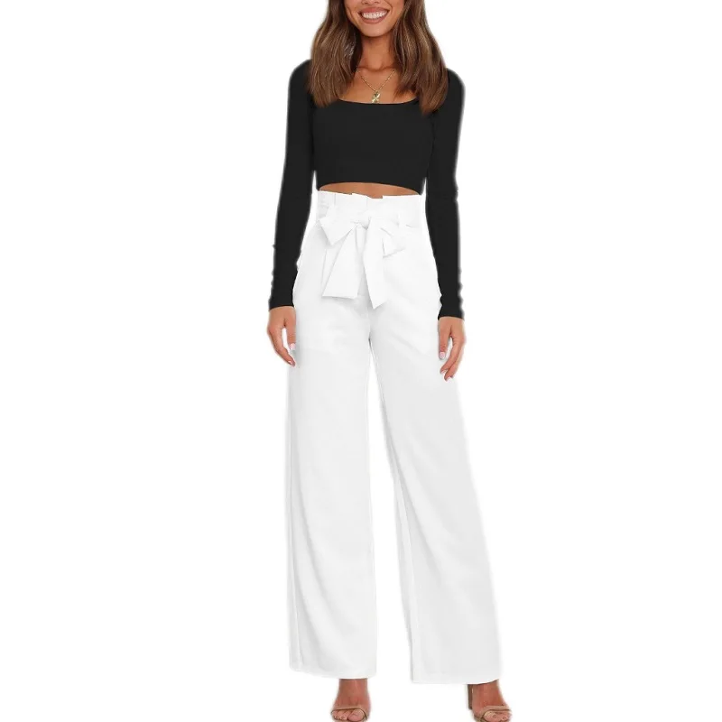 

High-waisted straight leg women's pants, casual pants, workplace fashion bow, summer, new