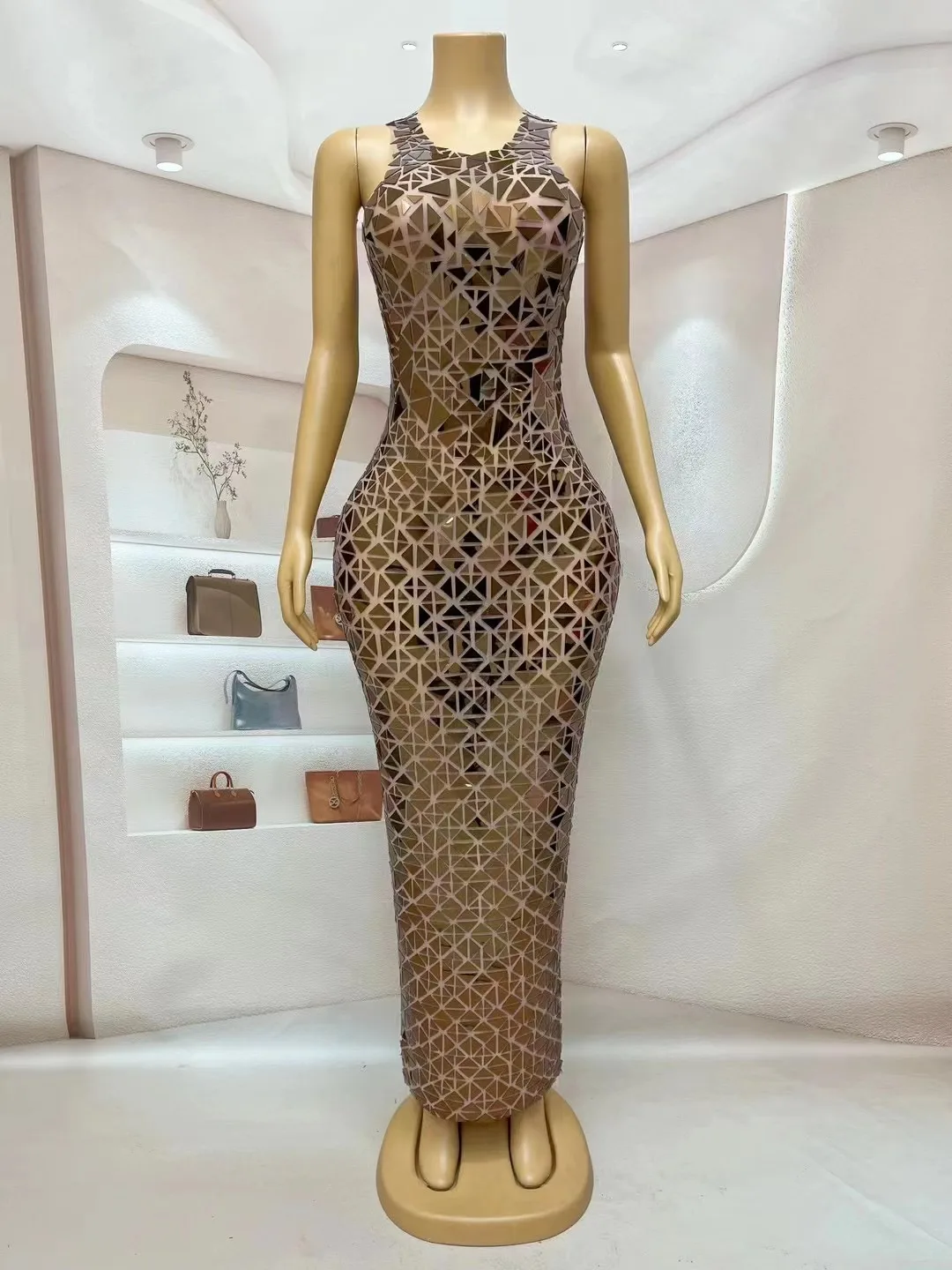 New Designed Luxury Copper Mirrors Dress Birthday Celebrate Transparent Performance Sexy Outfit Party Collections huangjinjia