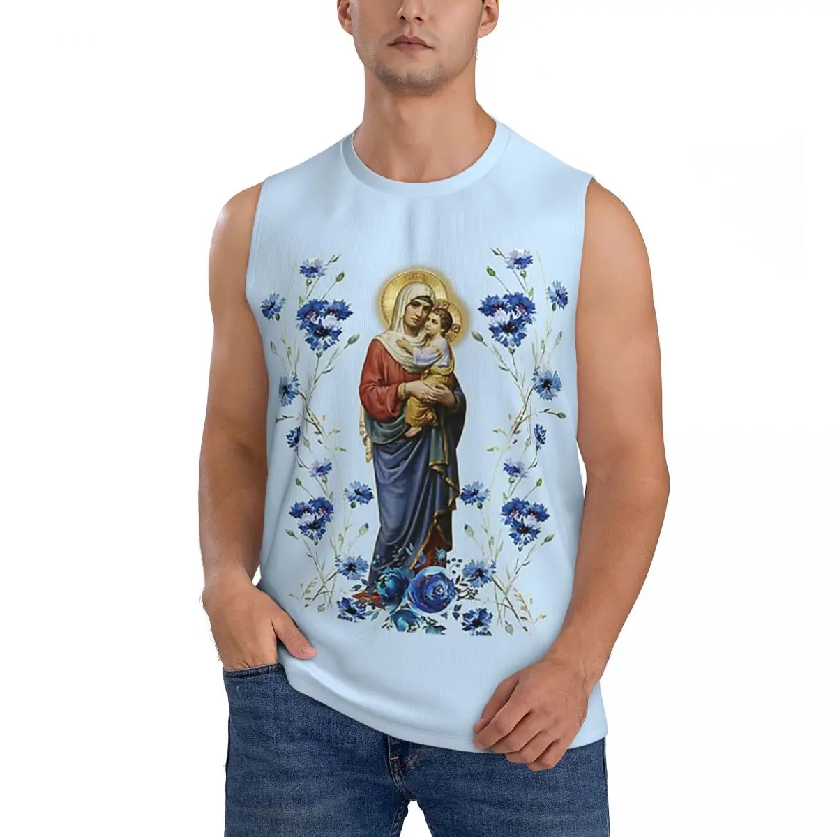 Catholicism Saints Jesus Mary Men Sleeveless Tank Tops Quick Dry Breathable Gym Fitness Running Summer Casual Sport Vest