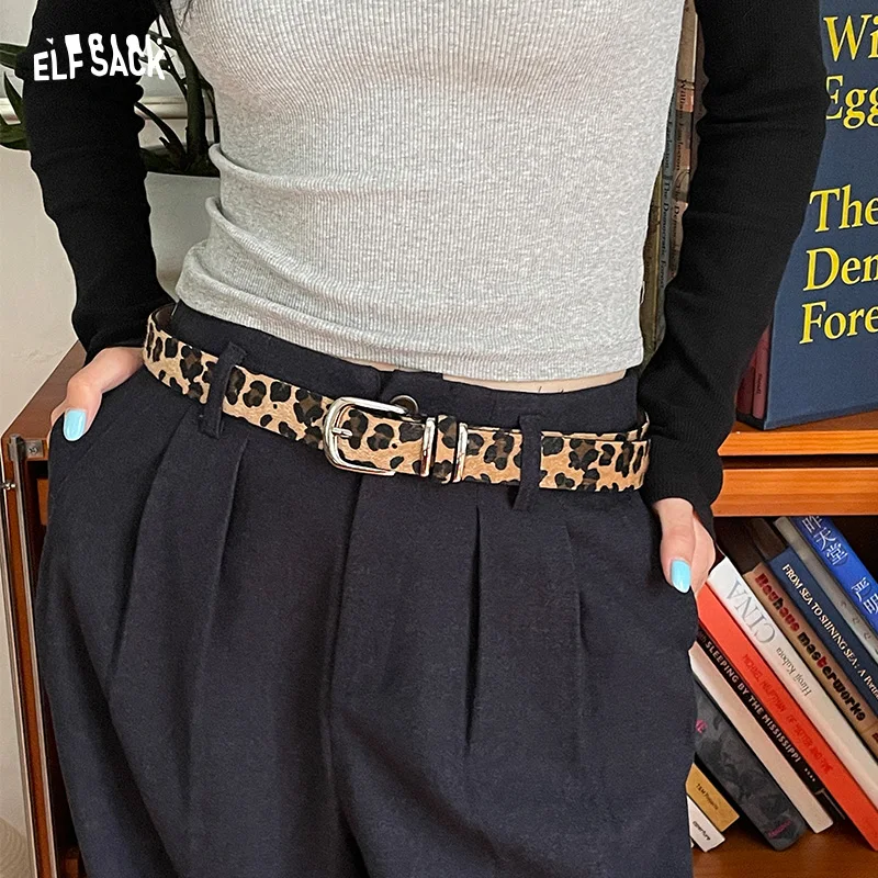 

ELFSACK 2025 Autumn New Arrivals Y2K Retro Punk Style Faux Leather Leopard Print Brown Suede Belt For Woman