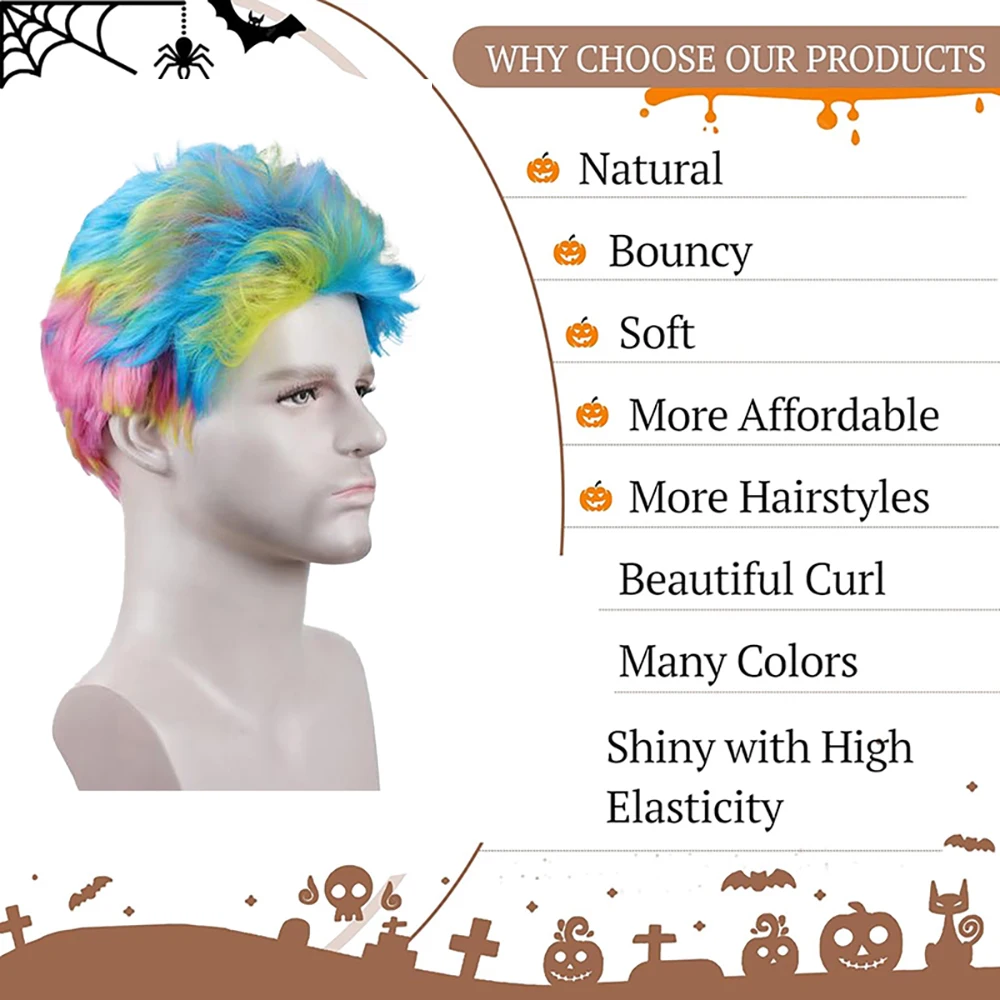 Men's Rainbow Short Fluffy Wig Anime Cosplay Comic Con Role Play Halloween Funny Party Costume Full Wig