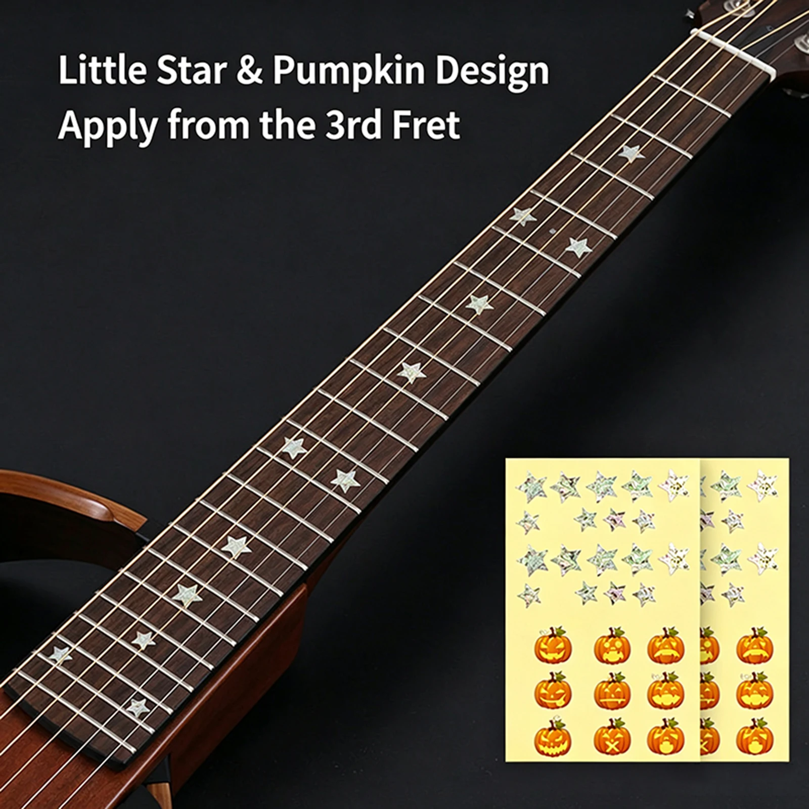 Halloween Guitar Fretboard Stickers, Star Pumpkin Design Removable Self-Adhesive Fret Marker Decals for Acoustic Electric Guitar