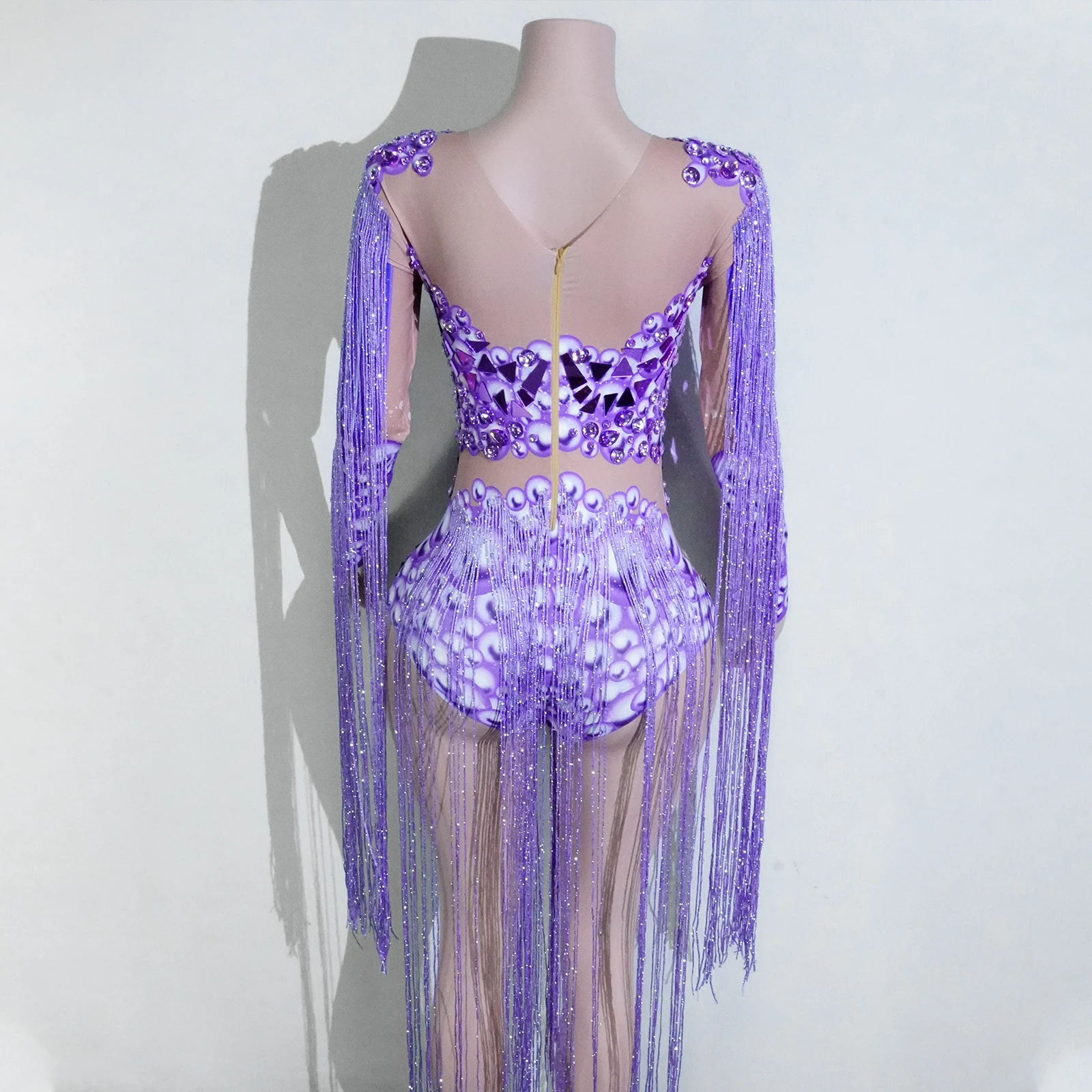 Sexy viola frange strass tuta abiti spettacolo teatrale festa di compleanno club drag queen costume discoteca danza latina