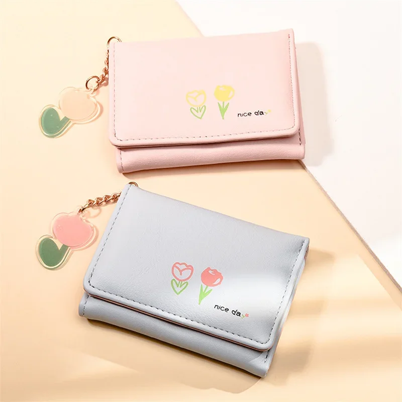 Women Short Wallet Card Wallet Coin Purse, Tulip Pattern, Fashion Multi-slot Wallet with Chain, Women PurseCompact Handy Cartera