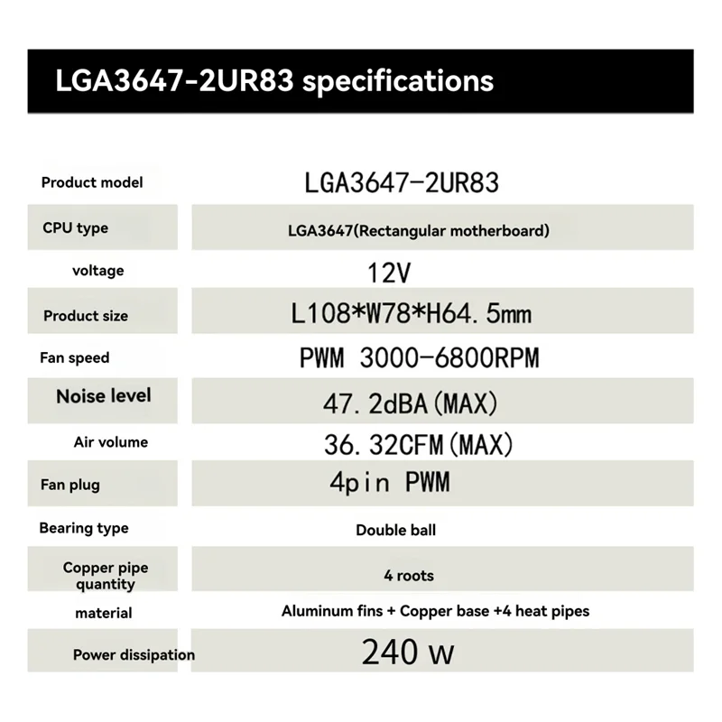 A25P LGA3647-2U-R83 Cooler 240W For Lga 3647 Narrow Type Radiator 2U Heat Sink 4 Heat Pipe Side Blow Cooling Fan
