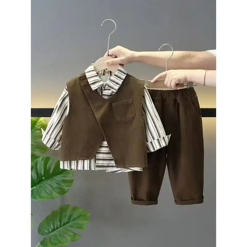 

1-8Y Children's Clothing Set 2025 Spring Autumn New Korean Boys' Baby Shirt+Pants +Vest 3Piece Set Kids Casual Set Kids Outfits