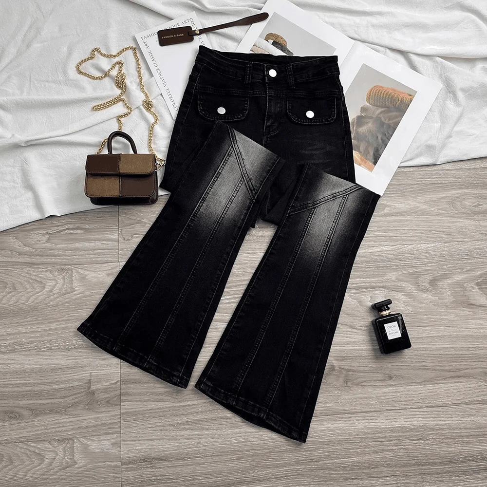 

Винтажные потертые черные джинсы для женщин, однотонные отбеленные брюки-клеш с высокой талией, весенне-осенний женский повседневный наряд, длинные джинсовые брюки