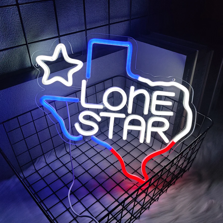 Lone Star Led neon light, USB power supply with switch for game room, entertainment room, bar, party wall art decoration