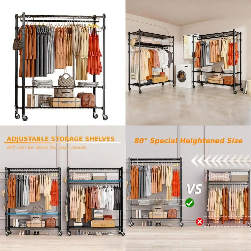 

Большой 3-ярусный прочный металлический стеллаж с перекладиной для вешалок, колесами и боковыми крючками, черный