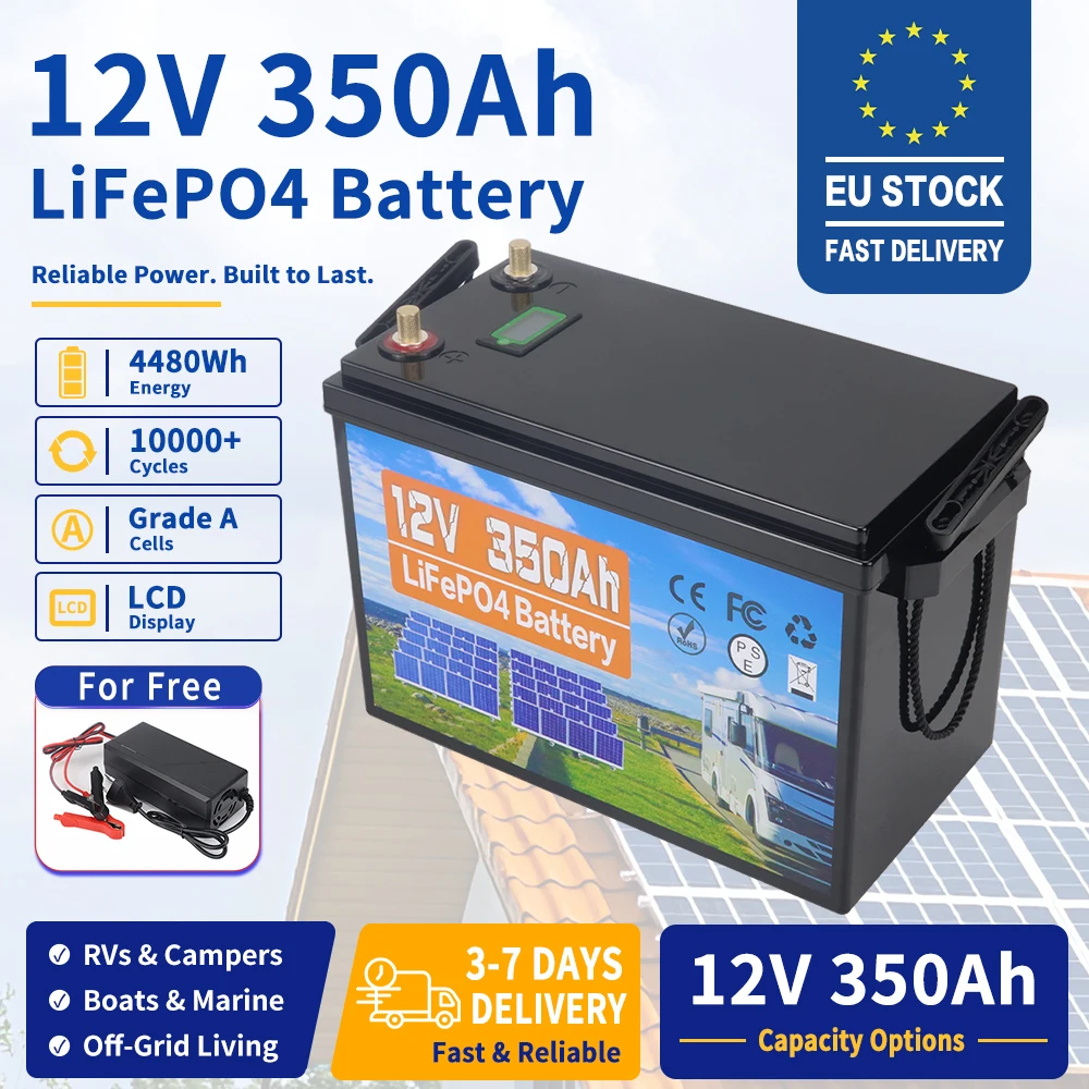 12V 350Ah LiFePO4 Battery Pack Built-in 100A BMS Lithium Iron Phosphate Batteries 10000+ Cycles Capacity 4480Wh, Low-Temp Protection, For Vans, Golf Cart, Boat, RV, Camp, Solar Energy Storage, 10-Year Warranty