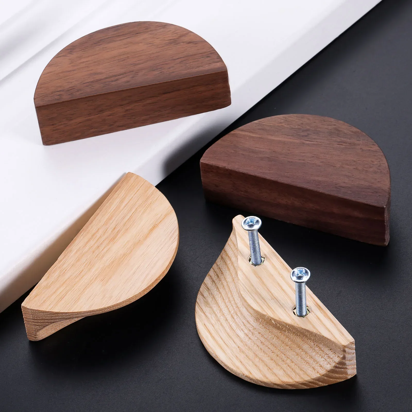 

2Pcs Semicircle Wooden Cabinet Door Handles Wardrobe Cupboard Drawer Storage Box Knobs Pulls Wood Furniture Handle W/Screws