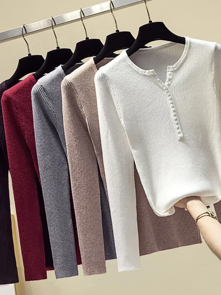 Zjaiss 2025 ผู้หญิงBasic Slim Pulloverปุ่มVคอฤดูใบไม้ร่วงฤดูหนาวเสื้อกันหนาวผู้หญิงเสื้อกันหนาวและPulloversถักจัมเปอร์สุภาพสตรีเสื้อ