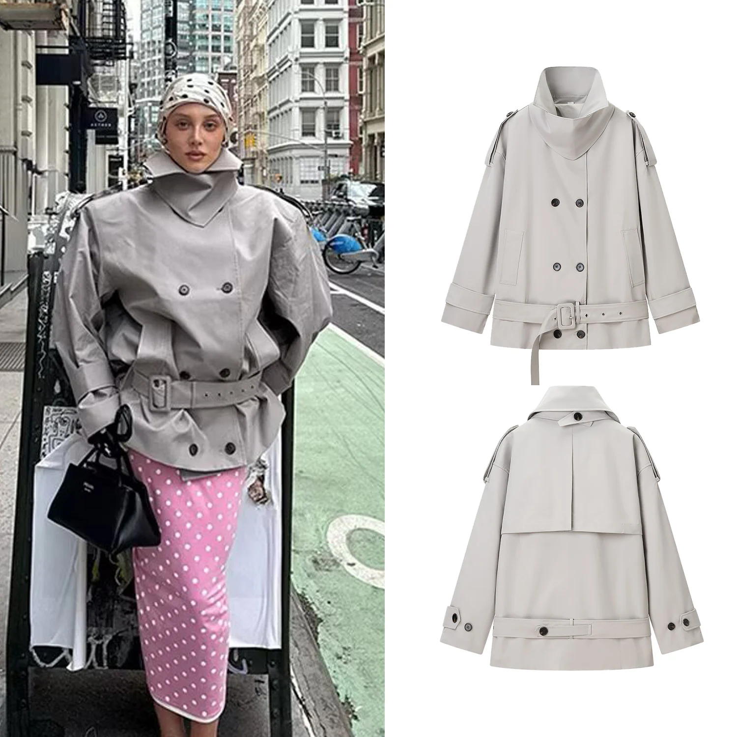 Chaqueta cruzada a la moda para mujer, abrigo elegante de manga larga con cuello alto, gabardina para mujer, ropa de calle