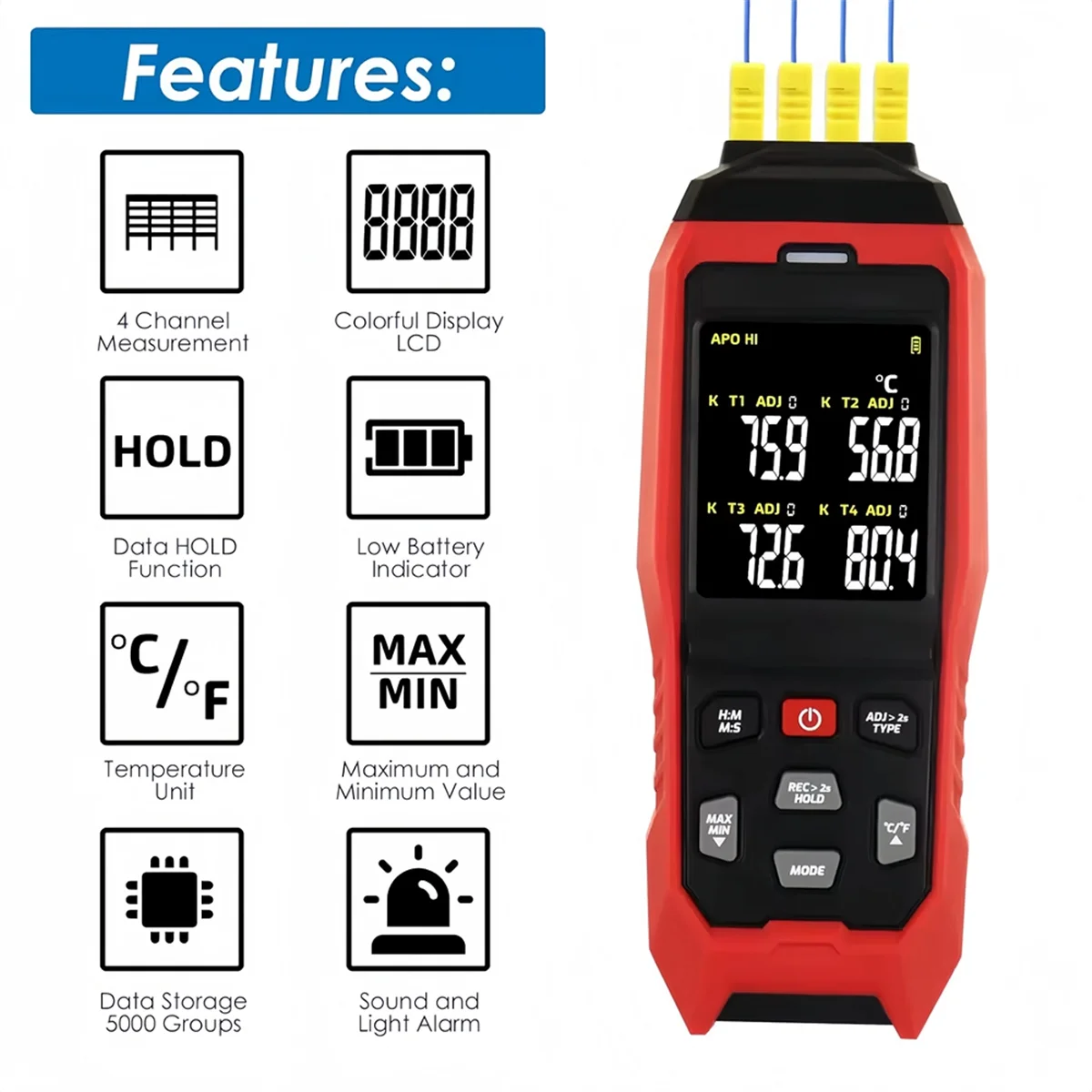 

A04I TA612C 4 Channels Handheld Thermometer K/J Type with Real-Time Data Logger Sound Light Alarm for Accurate Temp Measurement