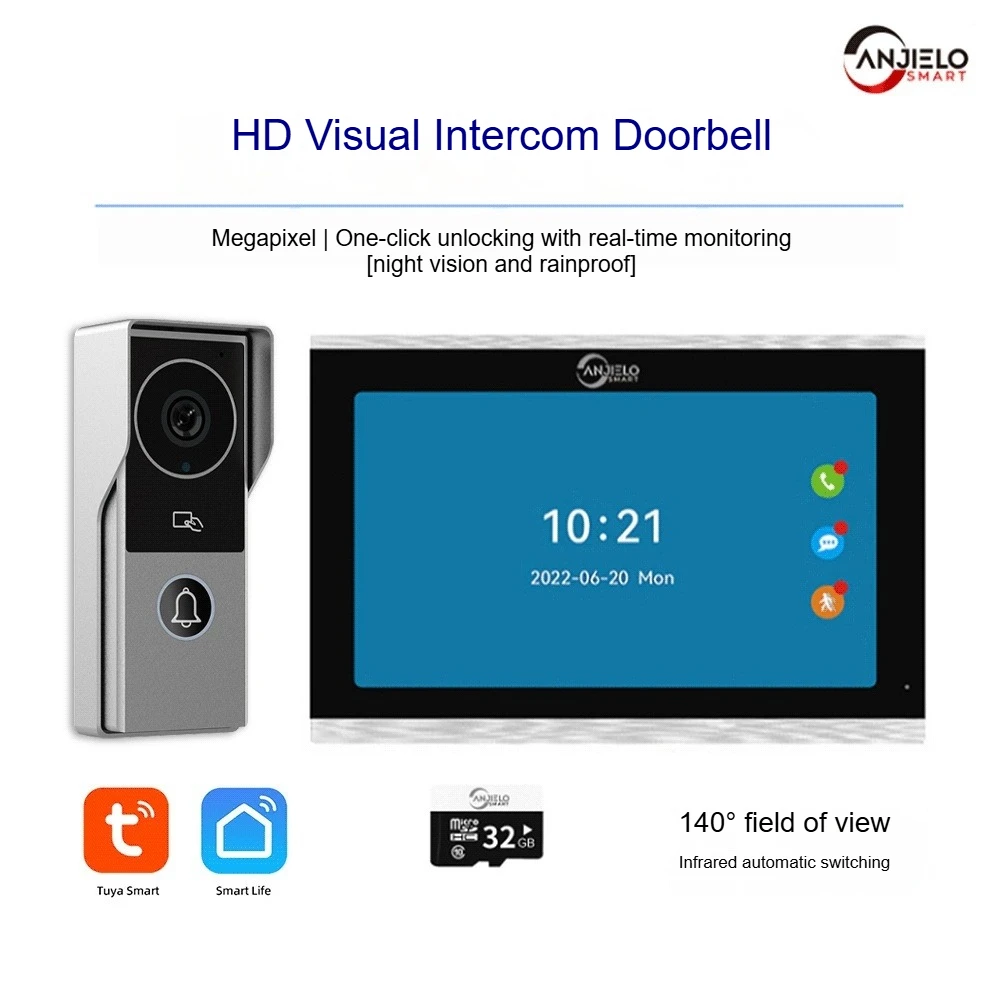 

10-дюймовая система видеодомофона 1080P, мониторинг дверного звонка мобильного телефона, фото и видео, умный дверной звонок.