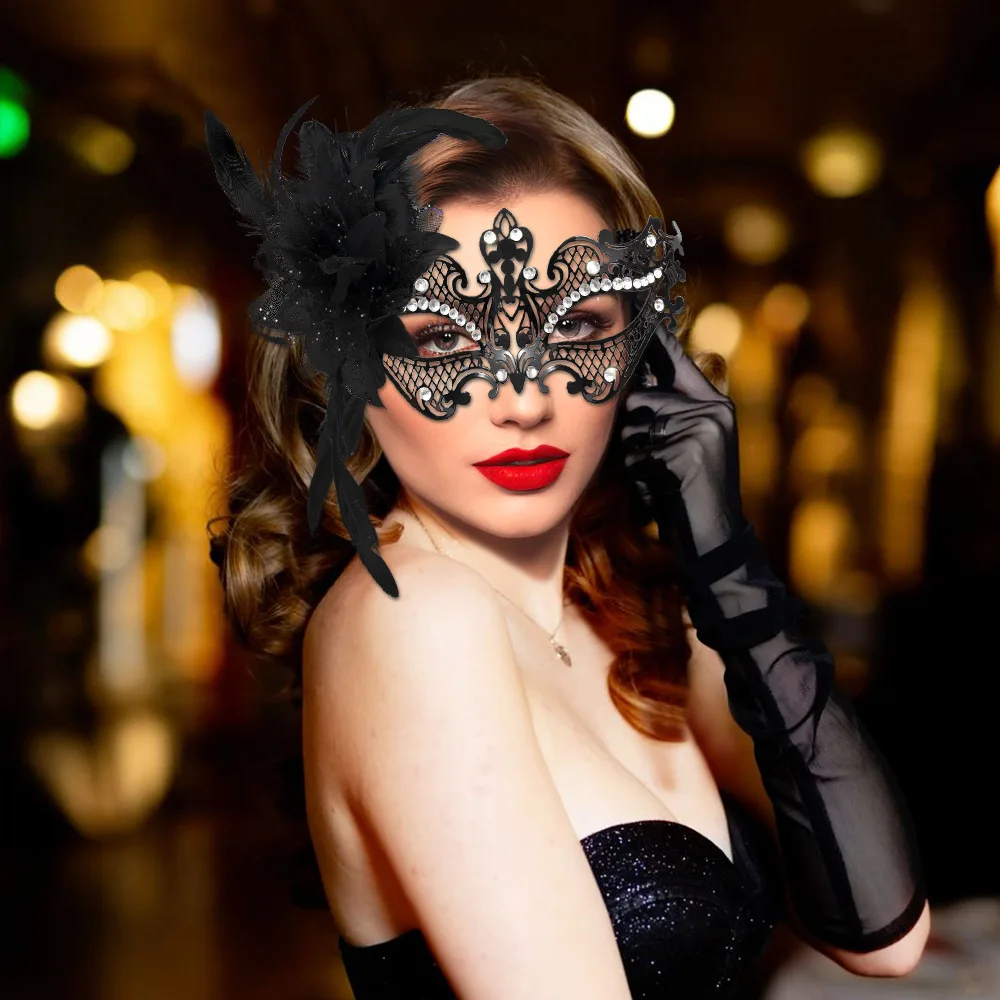 

Women Masquerade Mask Black Flower Shiny Rhinestone Venetian Mask Mardi Gras Decor Party Prom Ball Metal Mask Costume Accessory