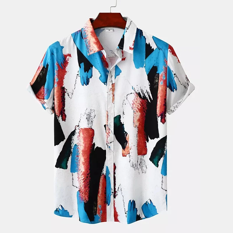 

Casual Fashion Art Shirt For Men's Clothing Lapel Short Sleeves Button Shirts Irregular Graffiti Block Striped Streetwear Blouse