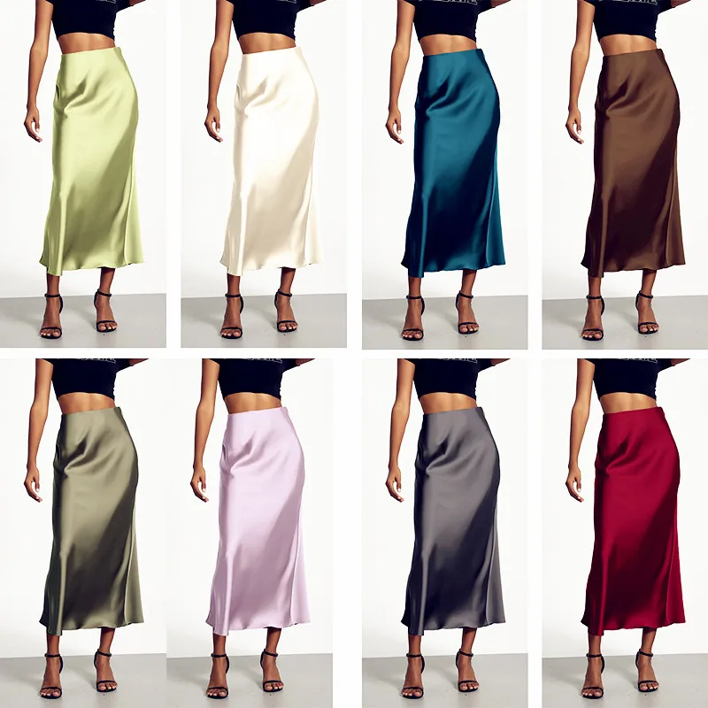 Women Elegant Temperament Textured Satin Skirt A-Line Slimming Flowing Maxi Length Skirts