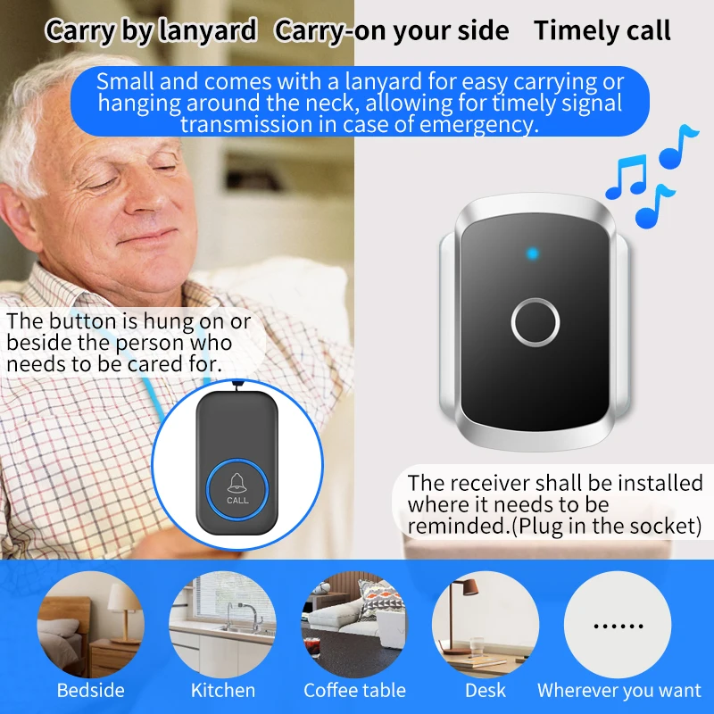 CACAZI Smart SOS Call Button Wireless Caregiver Pager Phone Alert Transmitter Emergency Call Button for Kids Elderly Patient New