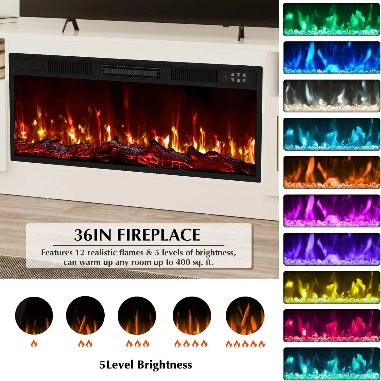 Stojak pod telewizor z kominkiem na telewizory do 80 cali, konsola multimedialna z oświetleniem LED i miejscem do przechowywania, nowoczesny biały drewniany stół RTV