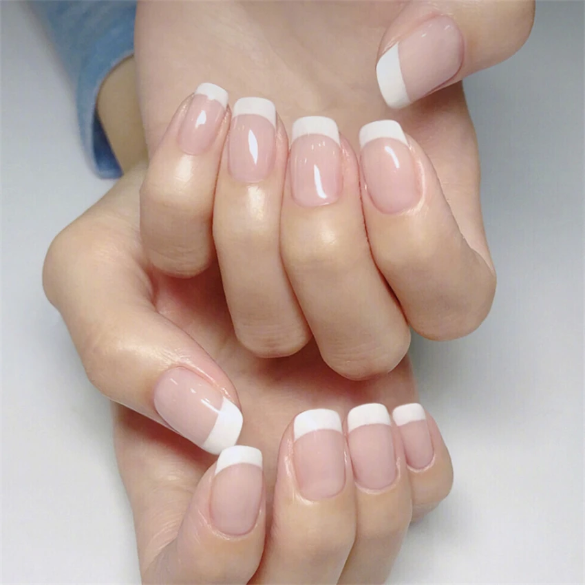 

24P/Set White Edge French Wearing False Nails Art Nude Color Translucent Acrylic Press on Nail Girl Removable Fake Nails Capsule