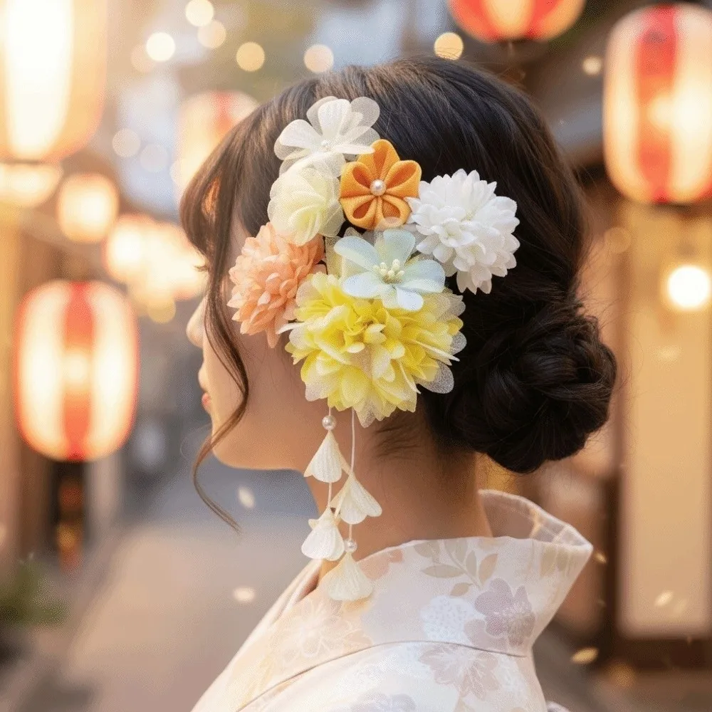 Elegant Kimono Hair Clips Traditional with Tassel Crepe Flower Hairpins Sakura Flower Cloth Hair Accessories Set
