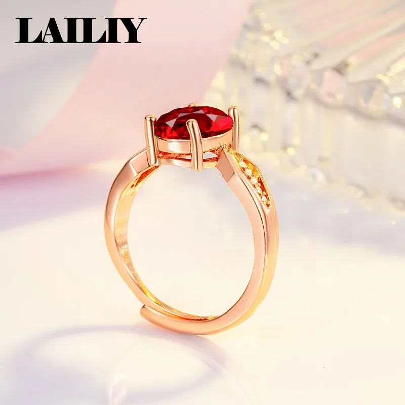 LAILIY925 Sterling Silver Rose Gold Oval Pigeon Blood Red Diamond Adjustable Ring for Women Fashion Jewelry - view 3