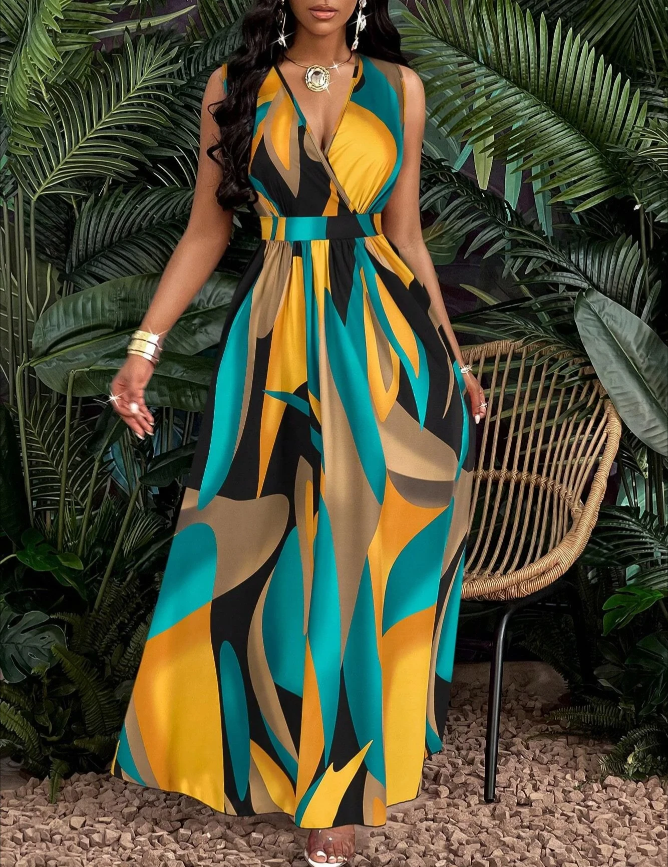 

Тропический принт с v-образным вырезом на талии и тропическим принтом, вязаное и расклешенное платье, женский наряд
