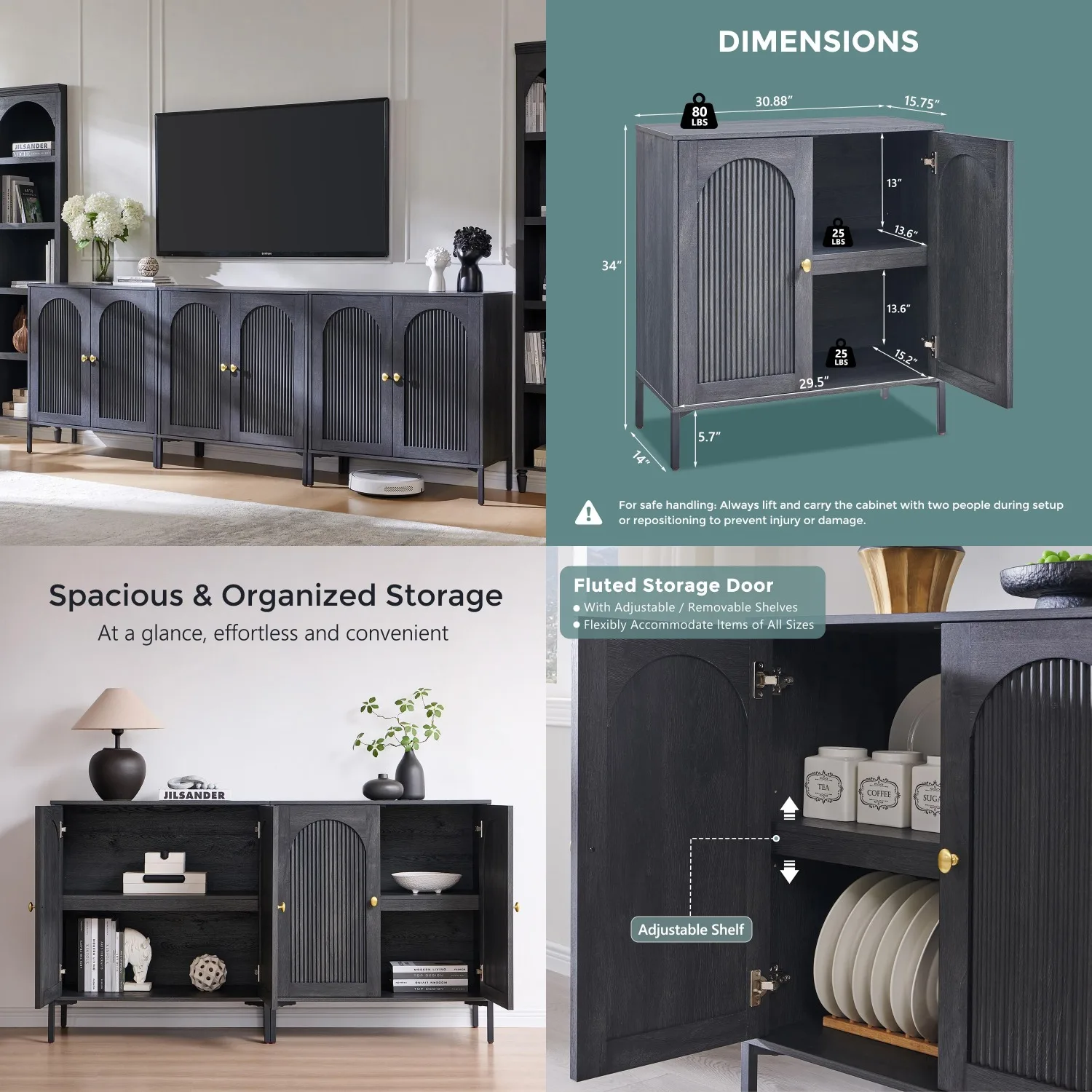 

92.63" Mid Century Wood TV Stand Adjustable Shelves Arched Fluted Doors Media Console Cabinet Living Room Dark Grey, Customized