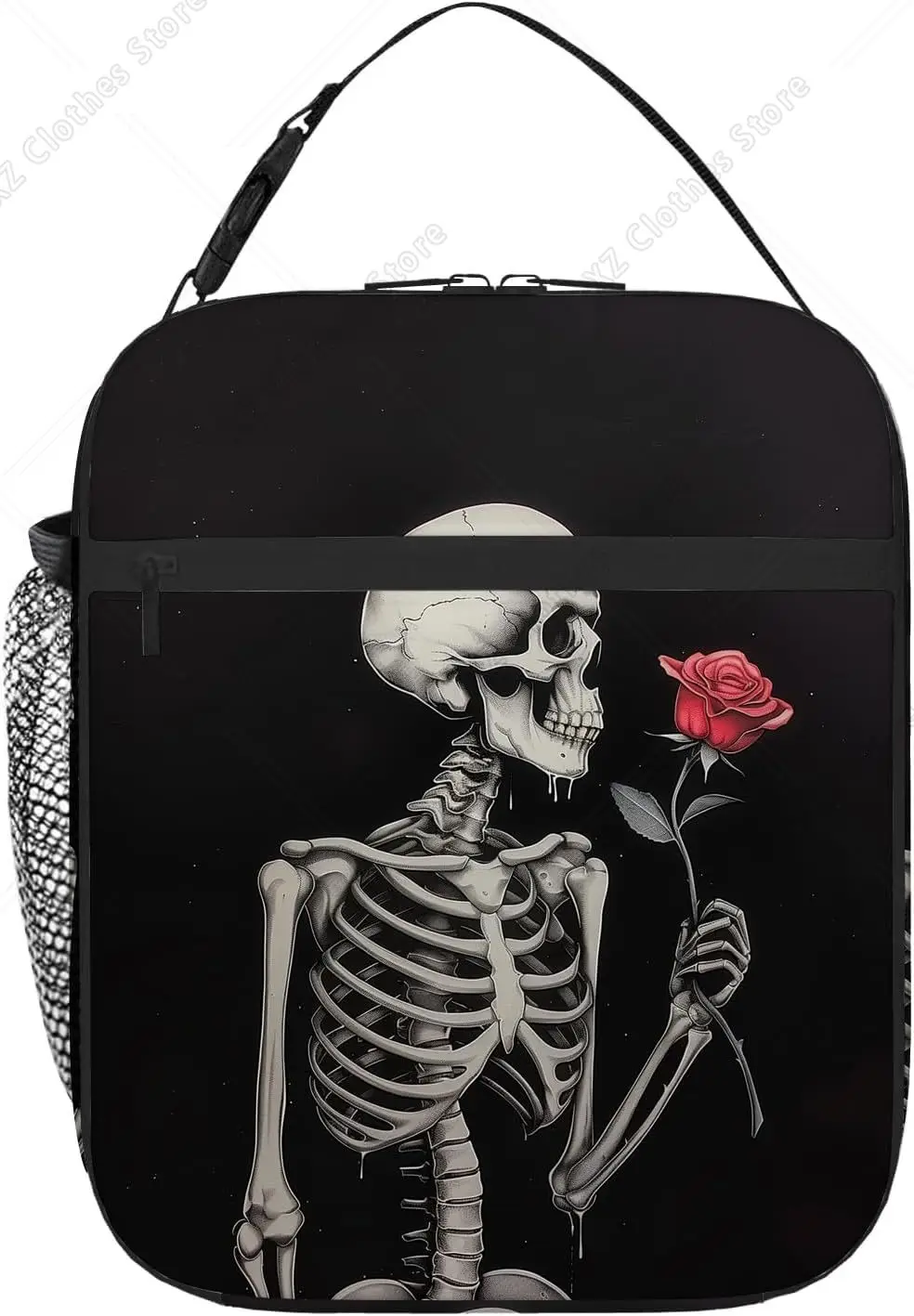 Goth Skull Lunch Box Funny Skeleton Holding A Rose Lunch Bag Gothic Horror Skull Black and White Insulated Lunchbox Reusable