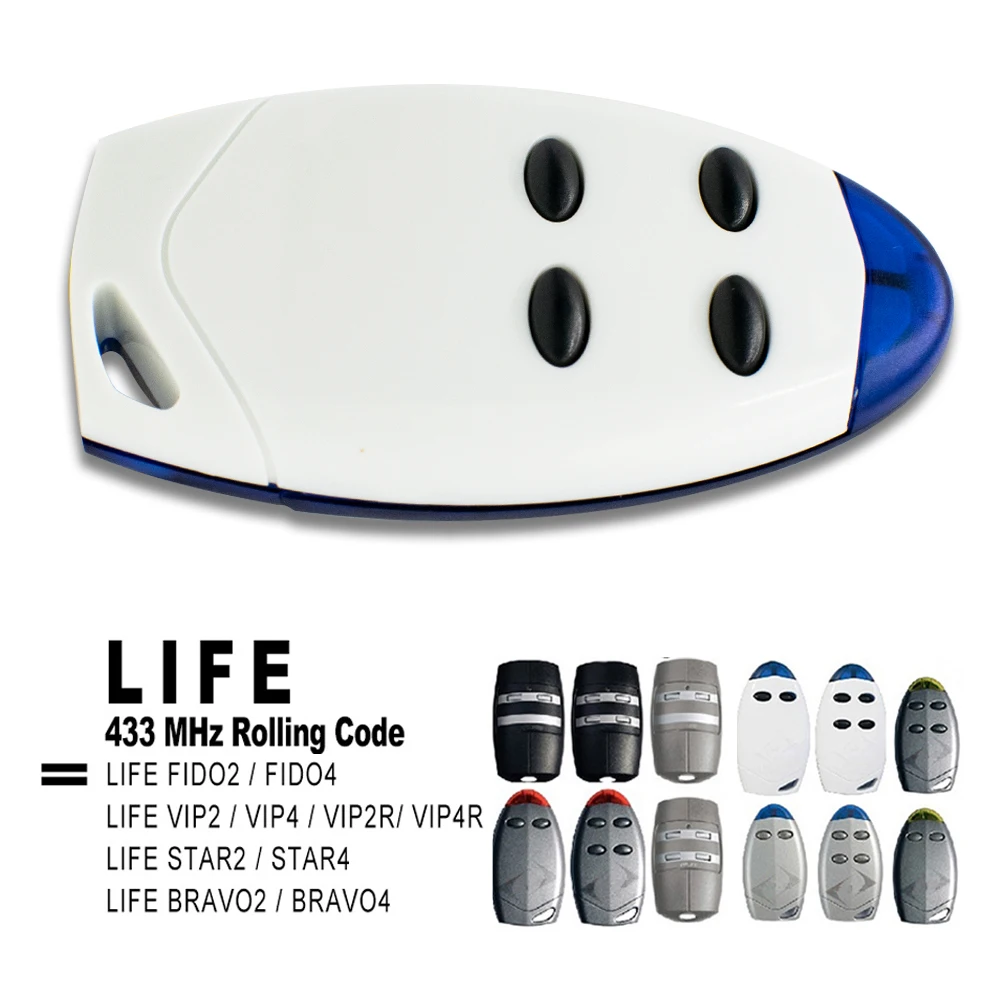 Garage Remote Control For LIFE FIDO2/FIDO4/VIP2/VIP4/VIP2R /VIP4R/STAR2/STAR4/BRAVO2/BRAVO4 Door Command 433.92MHz Transmitter