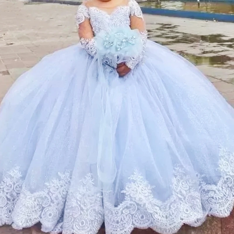 

Light Blue Puffy Princess Dress Flower Girl Long Sleeves Wedding Lace Appliqued Child First Communion Christening Prom Gown