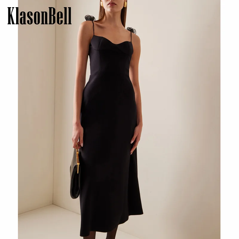 

7.9 KlasonBell Women's Fashion Handmade Flower Decoration Strapless Dress Black Viscose Blend Sexy Spaghetti Strap Midi Dress