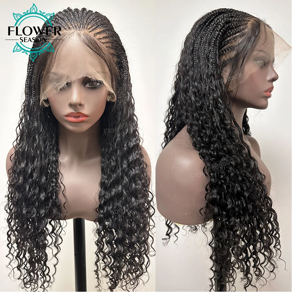 Perucas trançadas 100% cabelo humano hd renda sem nós perucas completas do laço cornrow tranças perucas com cabelo do bebê 300% densidade para preto